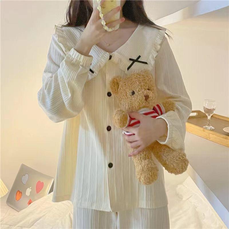 Women's Cute Korean Ins Doll Collar Bow Cardigan & Pants Set - Spring/Autumn Princess Style Loungewear