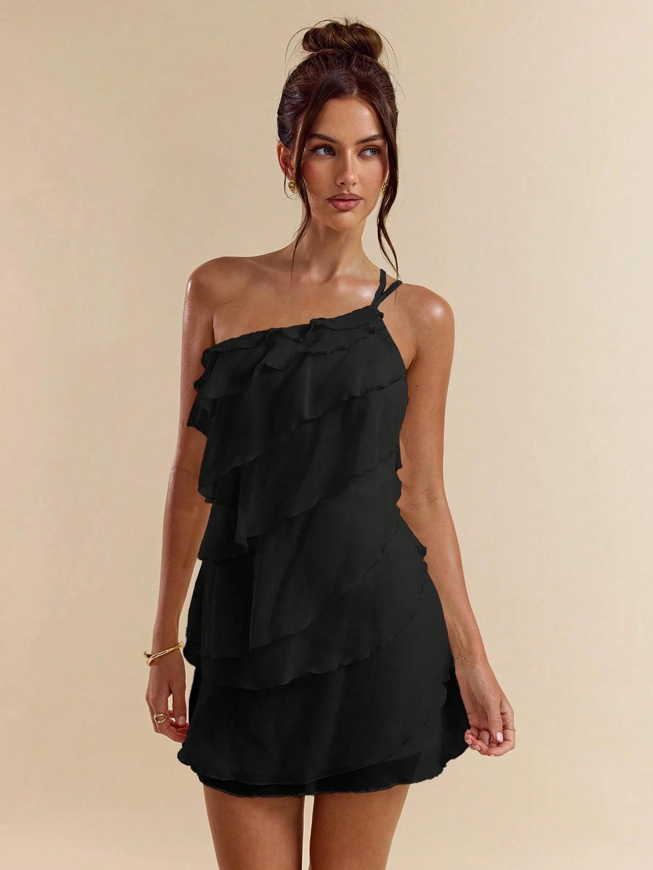 French One-Shoulder Halter Ruffle Dress: Solid Color, Open Back, Short Skirt, Sexy Cake Design L чёрный