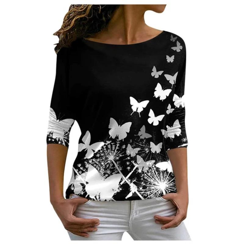 Autumn versatile long sleeved women's T-shirt with floral pattern printed regular retro casual O-Neck Bohemian multi-color top
