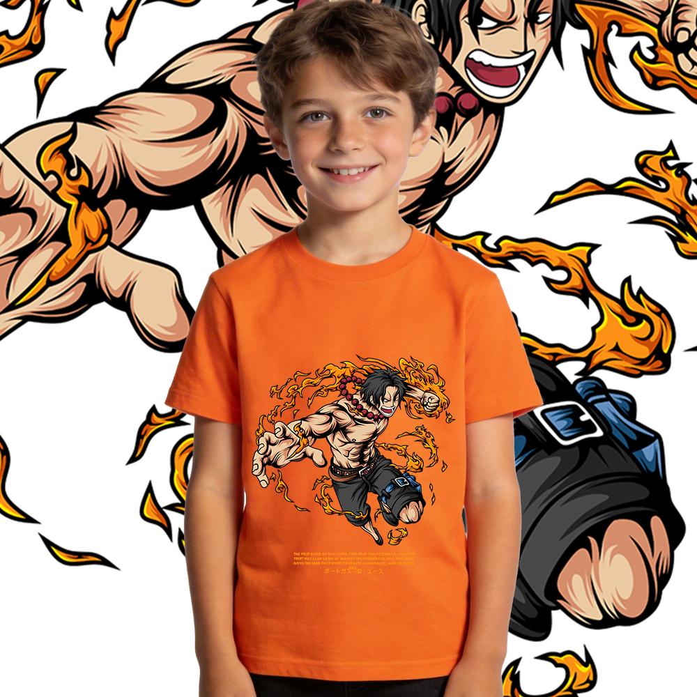 Boys Girls Cotton T Shirt One Piece Ace Anime Print Casual Short Sleeve Kids Summer Top