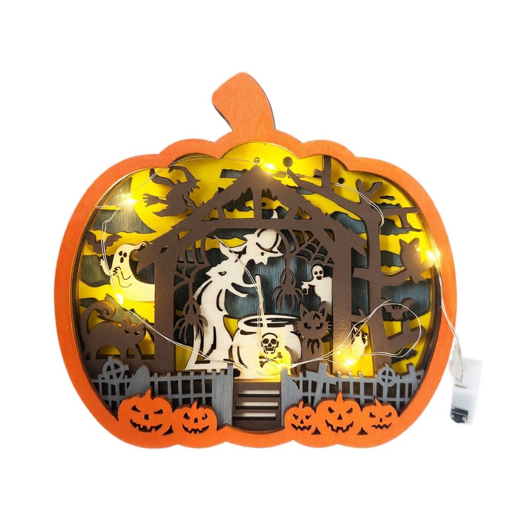 Wooden Halloween Pumpkin Decoration with Carved Pattern and LED Lights Halloween Pumpkin Ornament for Indoor Display Halloween Themed Wooden Craft
