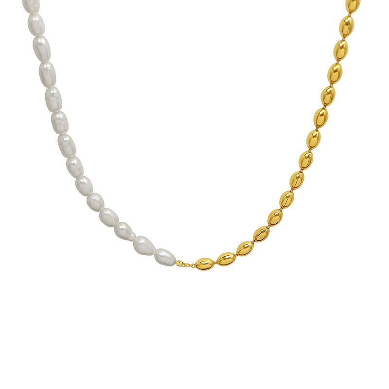 French-Style Retro Necklace: Oval Bead & Choker Spliced, 18k Gold Titanium Steel with Freshwater Pearls for Women