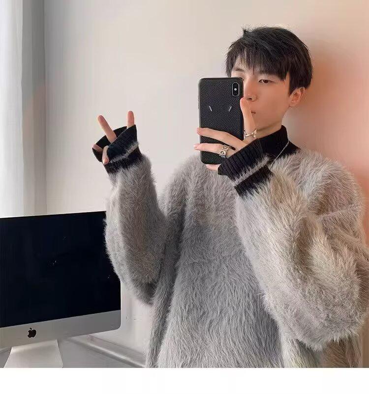 Unisex svetr v americkém stylu s patchworkem z umělého norka, vysoký límec - Ležérní, Módní, Dlouhý rukáv, pro podzim a zimu