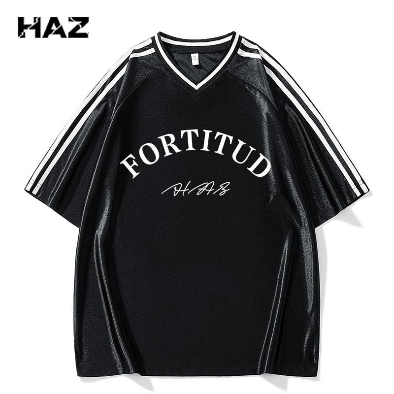 Dmo Summer Short-sleeved T-shirt Men s V-neck Contrast Striped Loose Top 2XL чёрный