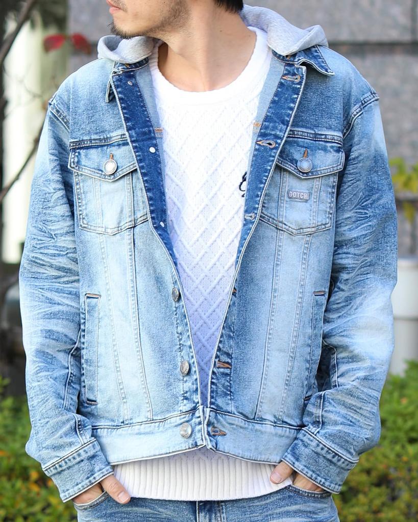 GATCHA Stretch Blast Wash Denim Jacket with Detachable Size and Clothing Hood, Bleach, L, 241G1622, Men's Women's, Spring/Summer