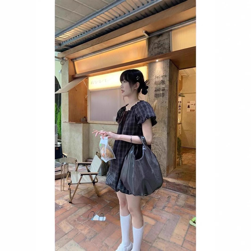 

Sweet Plaid Puff Sleeve Ruffle Dress – Women s Summer Petite Doll Style M