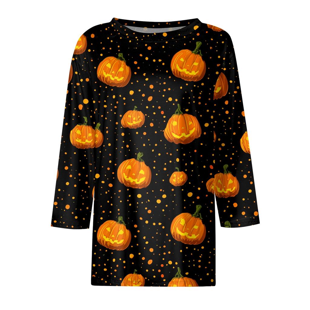 Women's Halloween and Pumpkin Print Short Sleeve Round Neck T-Shirt Casual Pullover Top