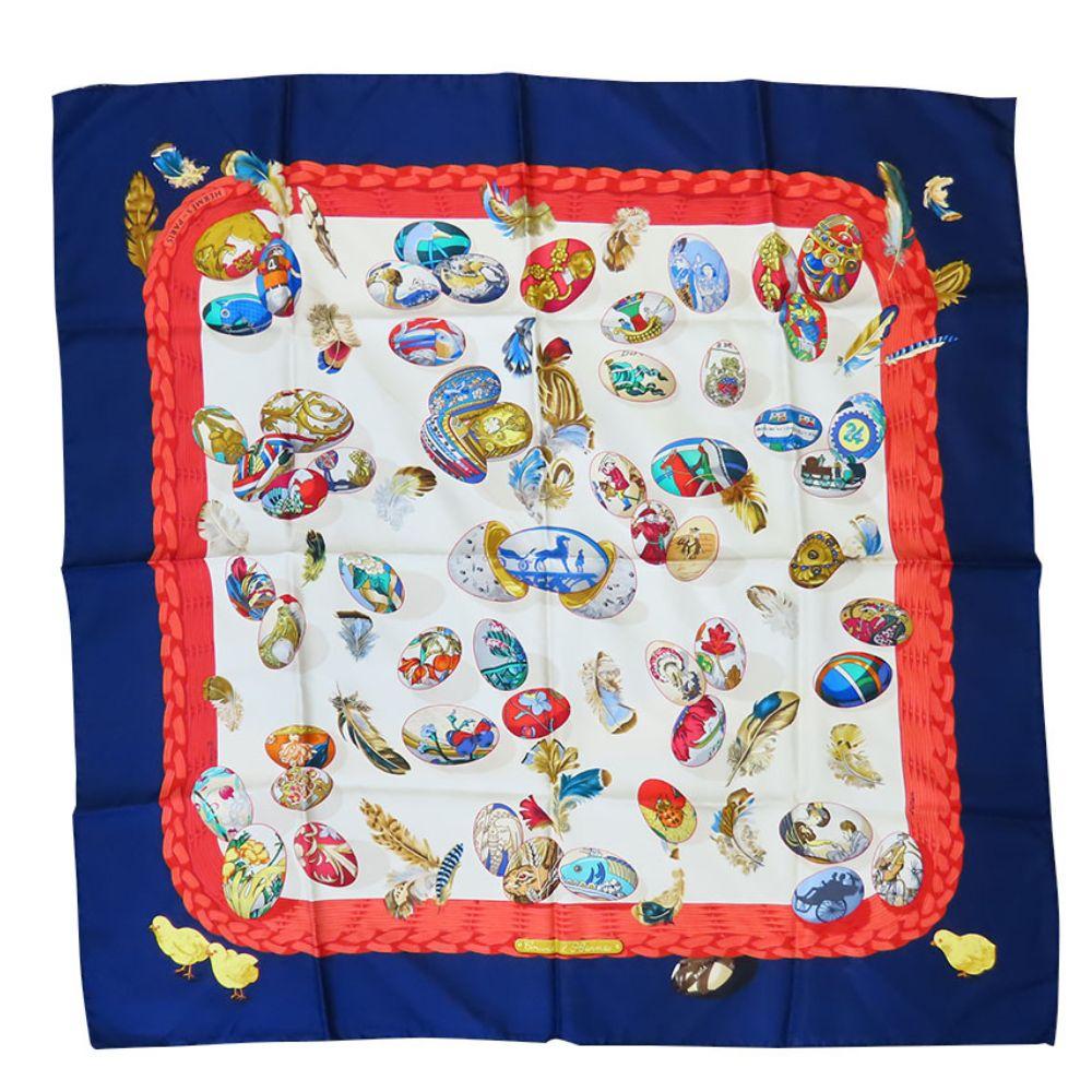 Used HERMES scarf Calle 90 COUVEE D'HERMES Hermes egg silk Navy white Fashionable