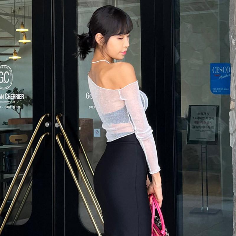 Solid Color Sparkly Hollow Mesh Slant Shoulder Irregular Collar Sexy Women Crop Top