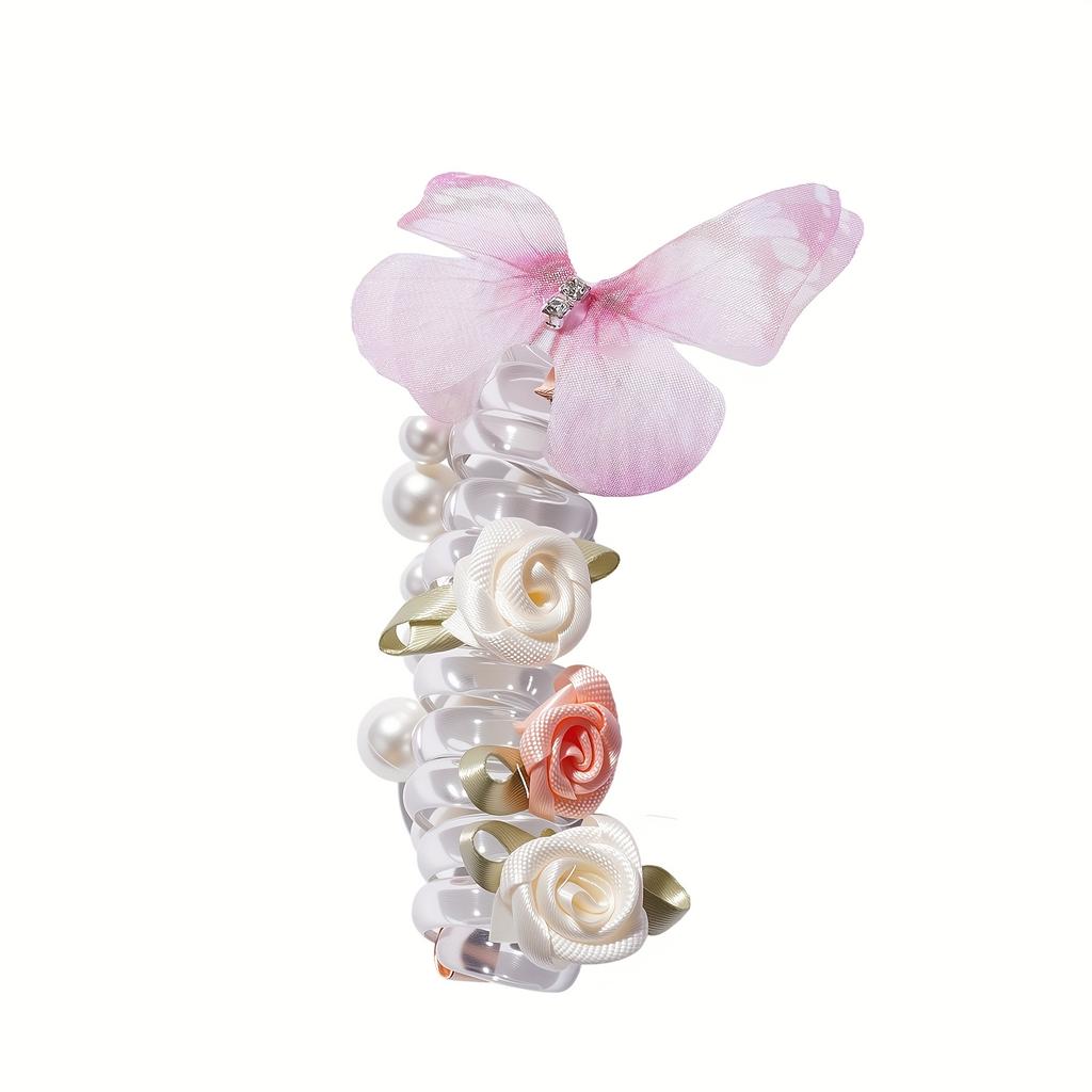 Vintage Schmetterling Telefonkabel Haargummis für Damen - Hohe Elastizität, Knitterfreie Spiral-Pferdeschwanzhalter mit Blumen & Perlen, Schmetterling Haargummi