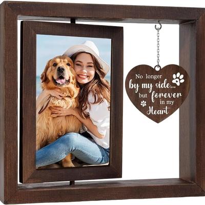 Pet Memorial Photo Frame – Dog Memorial Gifts – Pet Loss Gifts – Double-Sided Rotating Wooden Keepsake with Heart Plaque Engraved “No Longer by Our