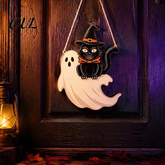 Retro Farmhouse Home Accents Halloween Wooden Door Hanging Sign, Black Cat Bat Pumpkin Wall Plaque with Wings Party Decoration Jute Rope, Front Porch