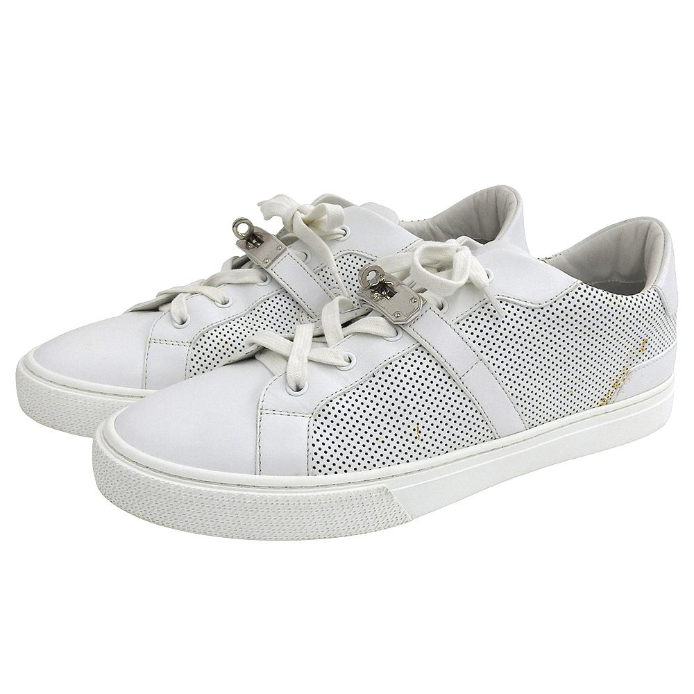 HERMES White Kelly Buckle Perforated Design Low-Top Sneakers in Calfskin and Chevre, SVHardware, Size 43 1/2 shoes 43.5 whiteUsed