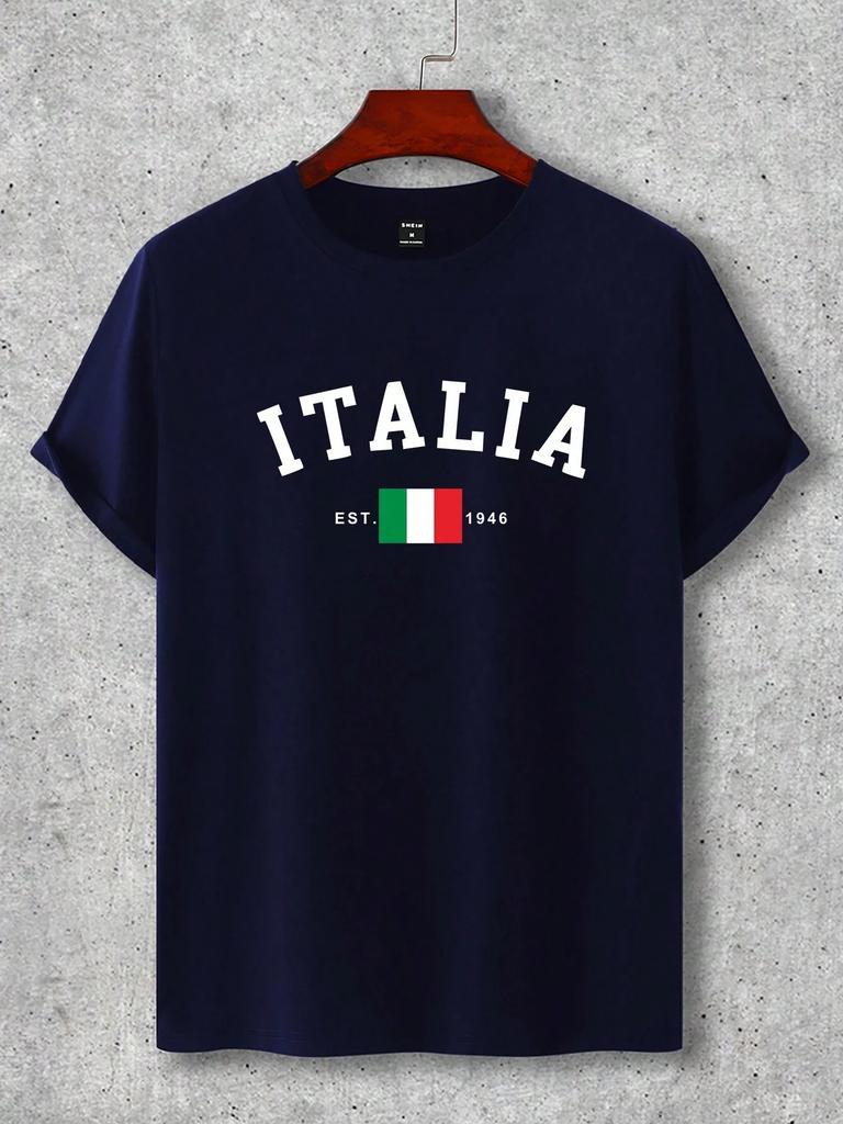 Herren Sommer 100% Polyester Freizeit Mode Italienische Flagge Bedrucktes Lockeres Sport Kurzarm T-Shirt
