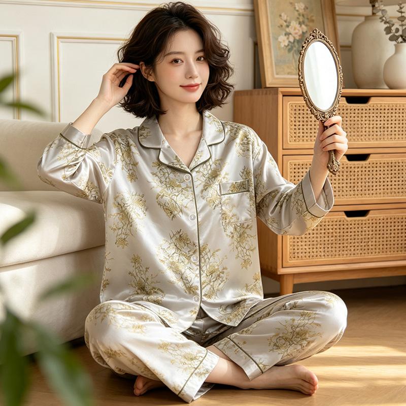 Sweet and high-value butterfly print ice silk pajamas women's ins loungewear long-sleeved trousers two-piece set