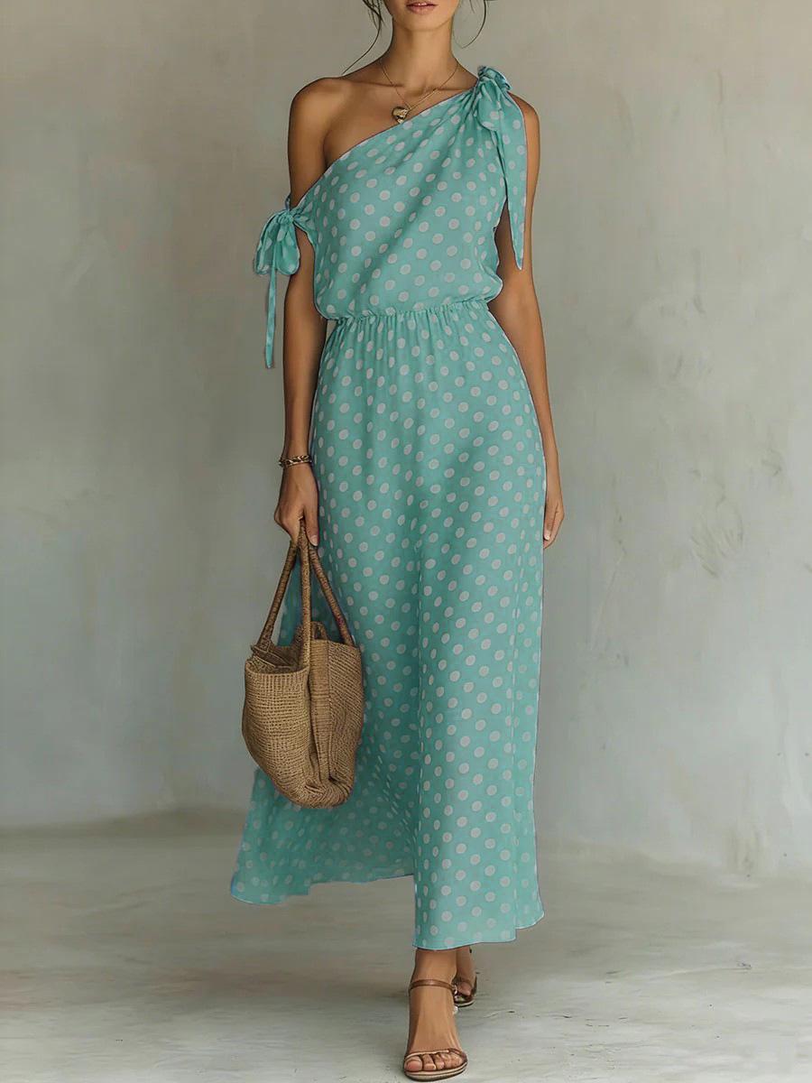 

2026 European-American Style Women s Off-the-Shoulder Sleeveless Polka Dot Dress 2XL зелений/сірий колір
