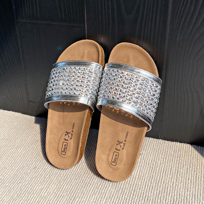 Mesh breathable rhinestone sleeve toe slippers women's summer wear casual vacation style with skirt beach sandals