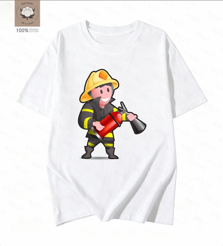 Simple Cartoon Firefighter Printed Tshirt Pays Tribute To The Daily Commuting Short Sleeved Reverse Traveler