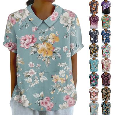 Women's Short Sleeved Casual Round Neck Pullover T-shirt Basic Printed Shirt Lapel Top