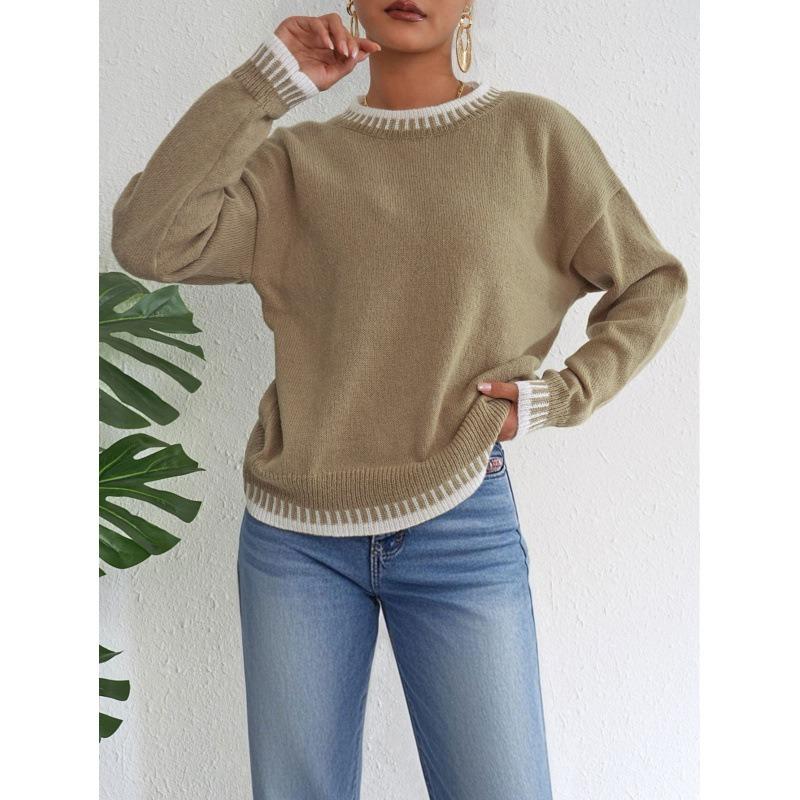 Women S Casual Loose Pullover Sweater Round Neck Long Sleeve Color Block