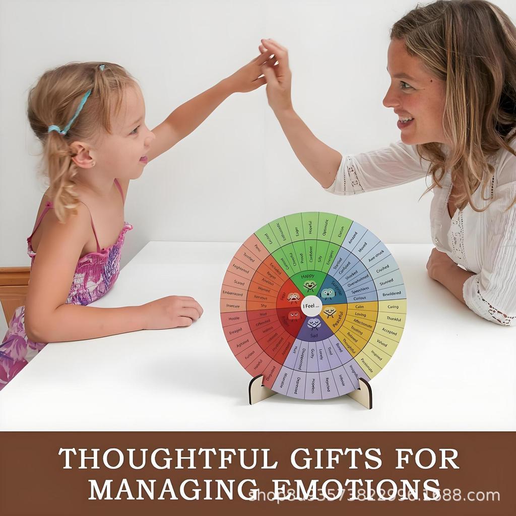 Emotion Wheel Wooden Desk Ornament: Double-Sided Large Emotion Chart for Mental Health Therapy
