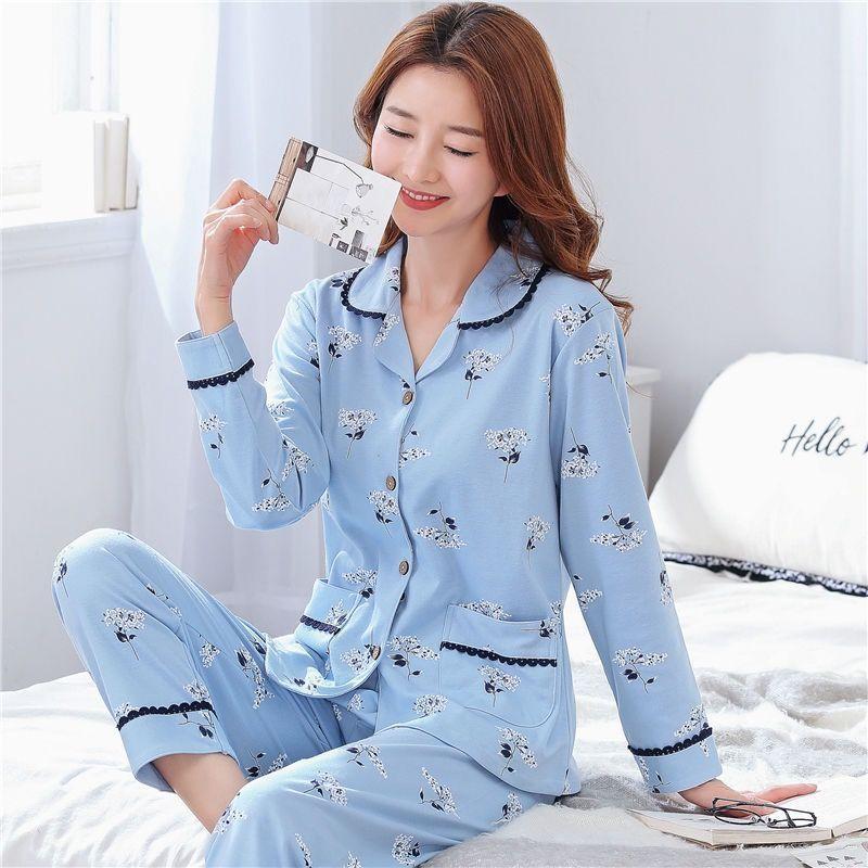 Women's 100% Cotton Long-Sleeve Pajamas for Middle-Aged & Elderly - Loose Cardigan for Autumn/Winter