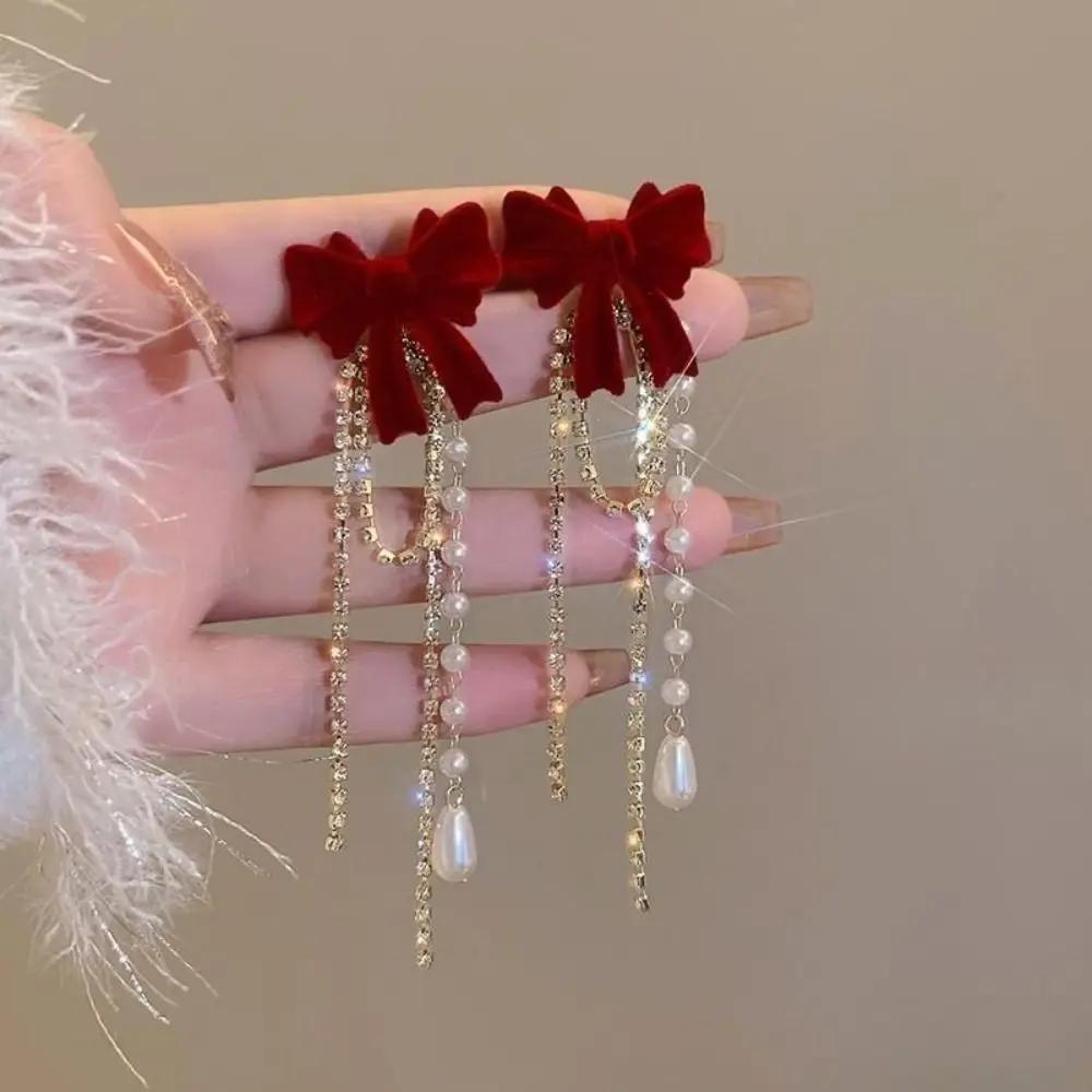 Elegant Shiny Rhinestone Dangle Earrings Tassel Pearl Korean Style Earrings Bow Red Rose Bow Stud Earrings Wedding Accessories