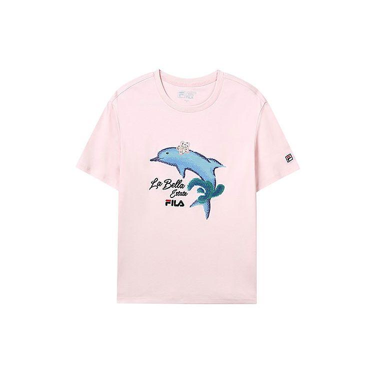 Fila Dolphin Print Casual Sports Short Sleeve T-Shirt Women Tops Pink F51W128107F-PK