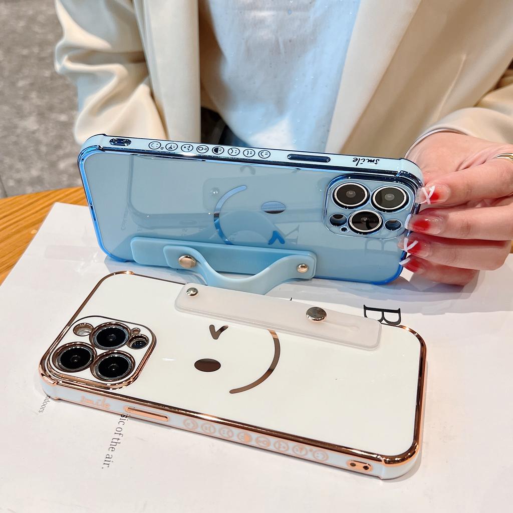 Electroplated side smiley face with bracket, suitable for Apple 16/17promax mobile phone case iPhone14/15 anti-drop cover