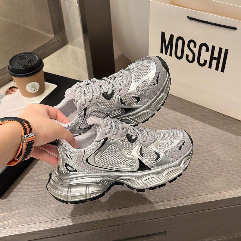 Sheepskin Version Thick-soled Heightened Silver-gray Lace-up Dad Shoes for Women's 2025 Summer and Autumn New Breathable Sports and Leisure Shoes
