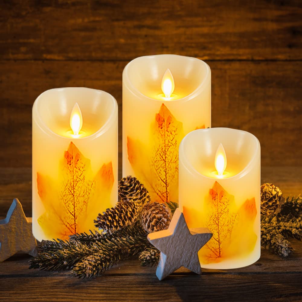 AnnTec LED Candle Light, Autumn Leaves, 3-Piece Set, Flickers Like a Real Flame, Warm Light, Flameless, Safe, Energy-Saving, Includes Remote Control,