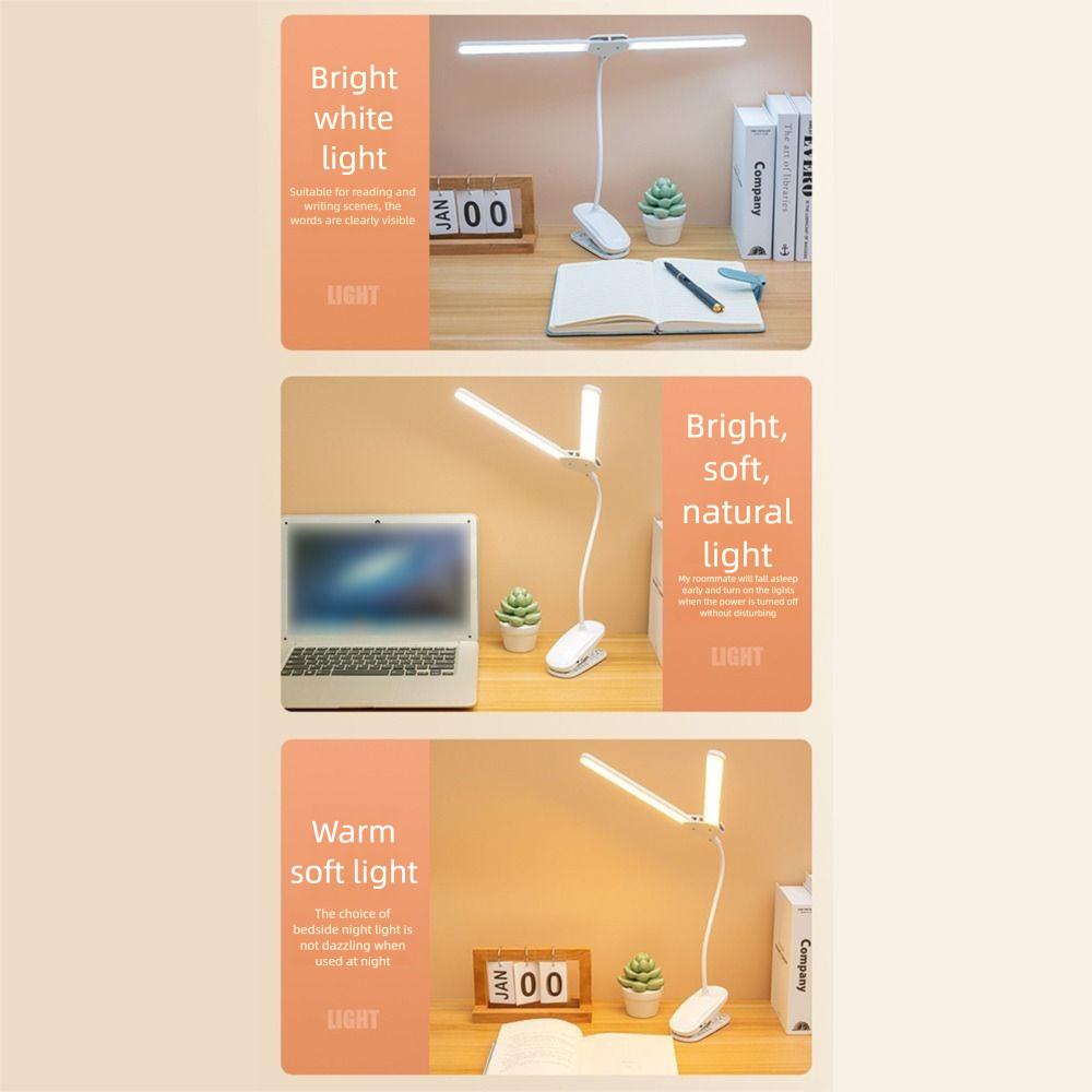 3 Farben LED Klemme Doppelkopf Schreibtischlampe Touch-Dimmfunktion Augenschutz LED Buchklemmenleuchten Faltbar 360° Drehbar