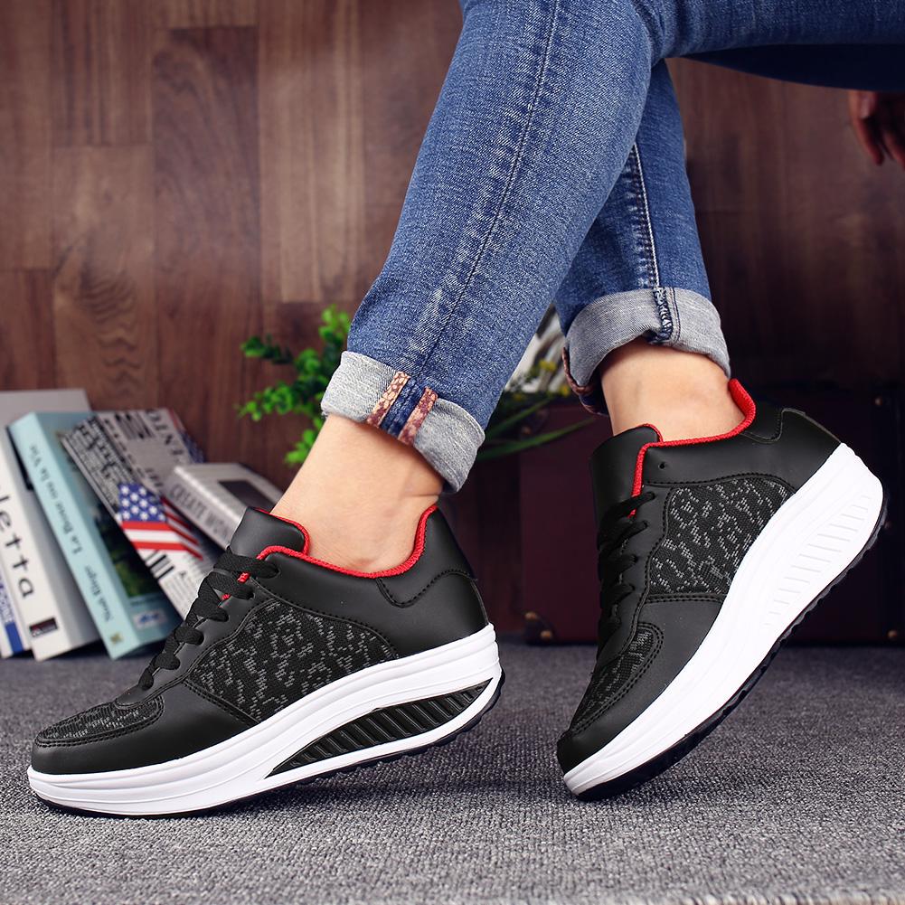 Fashion PU Leather Women's Platform Shoes Non-slip Rocker Shoes Walking Running Sports Shoes Wedge Heels