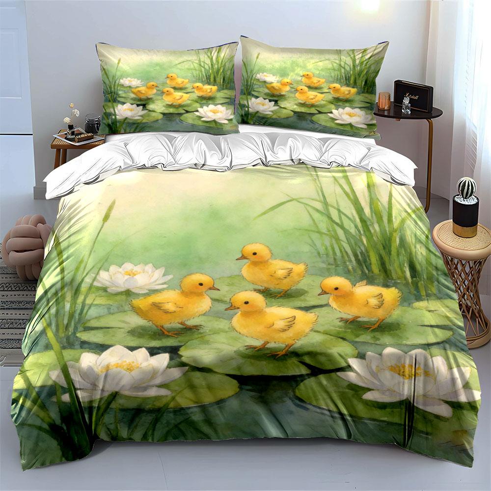 Ducklings Pond Decorative Artwork Set Soft Comfortable Duvet Cover Bedding Set Included 1*Duvet Cover & 2*Pillowcases, Gift