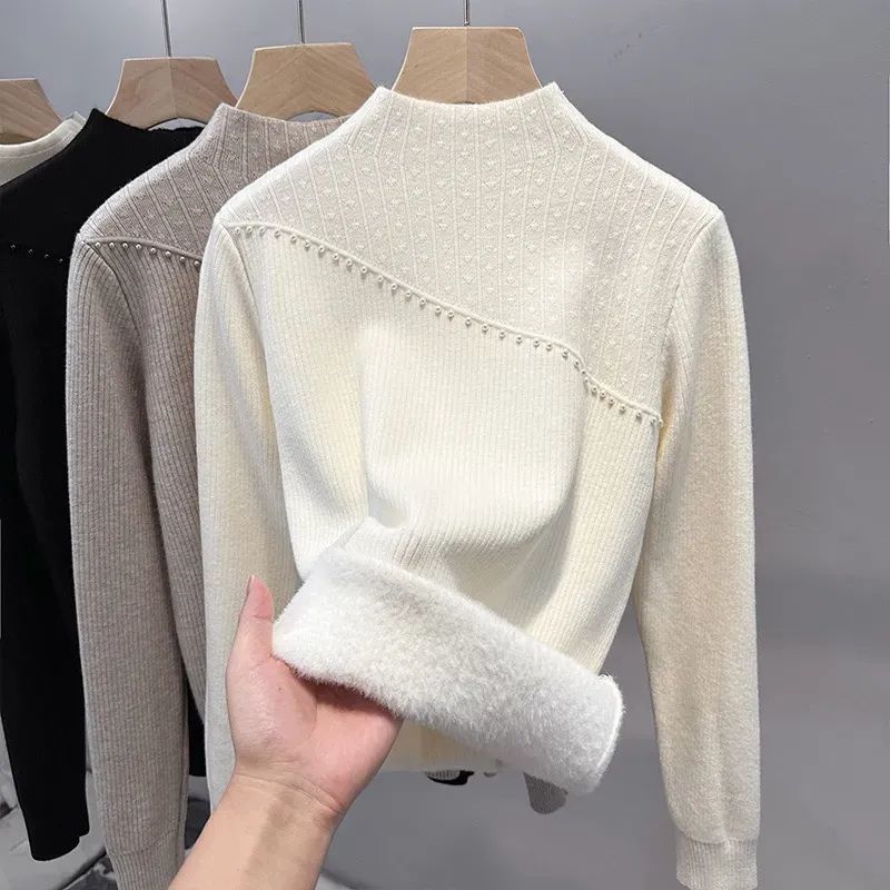 Thick Winter Half High Neck Knitted Sweater with Added Velvet As A Base Layer