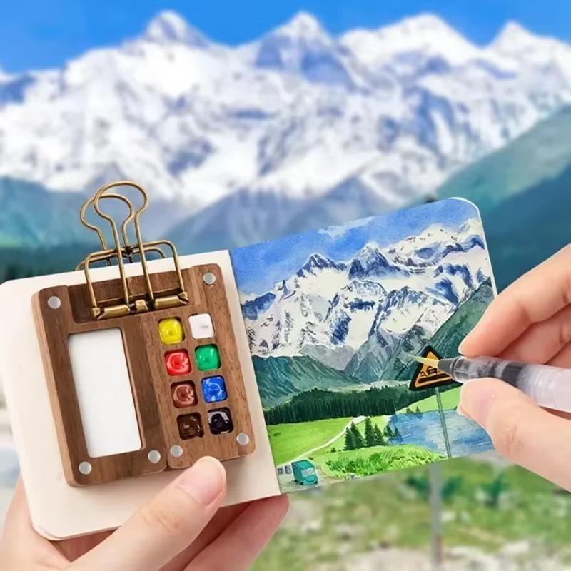 Portable Watercolor Set Travel Palette Sketchbook Brush Pens Binder Clips For Artists Students Painting Tools Drawing Supplies