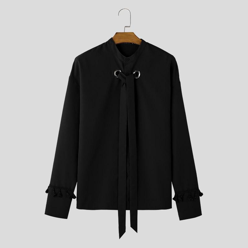 INCERUN Men Mockneck Long Sleeve Shirts Oversized Loose Hollow Out Lace Up Tops