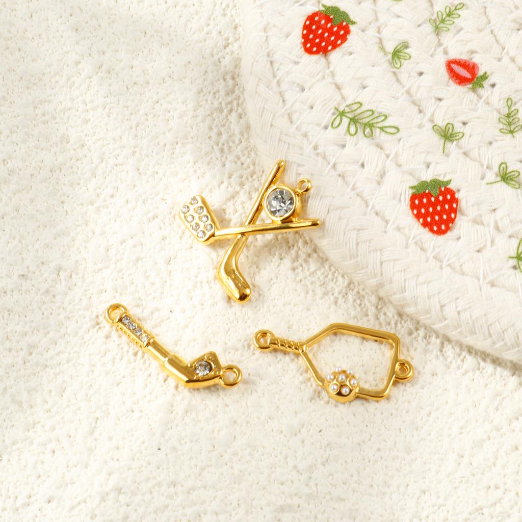 2Pcs Sport Connector Charms Cubic Zirconia Pendants Pickleball Paddle Golf Club 304 Stainless Steel 18k Gold Plated DIY Necklace