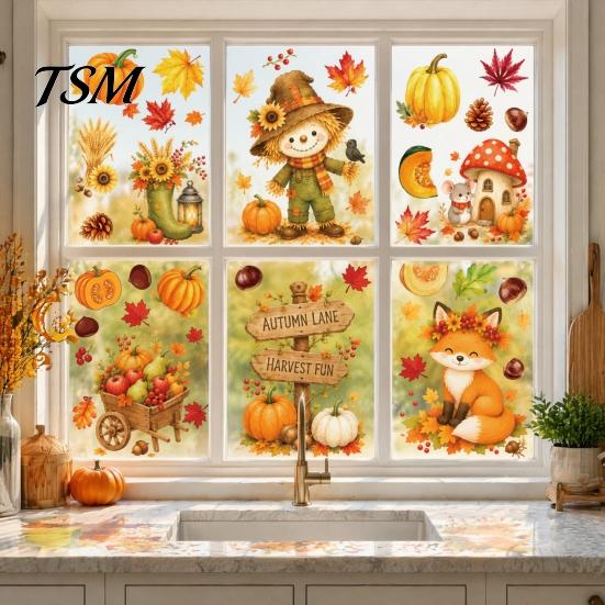 Holiday Window Decals for Glass 6 Sheets Autumn Harvest Stickers, Thanksgiving Cartoon Static Cling Decorations with Party Pumpkins Maple Leaves