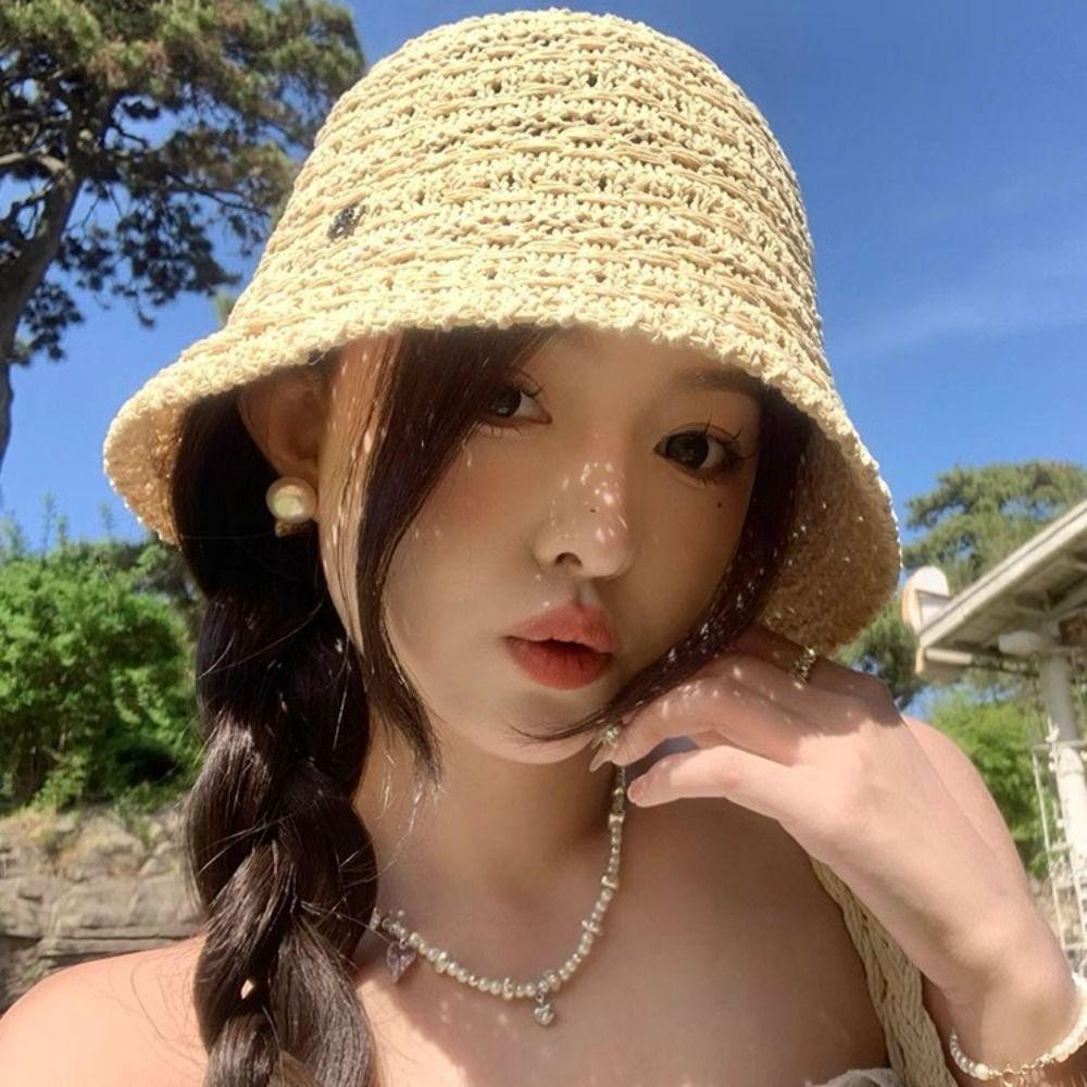 Summer Straw Bucket Hat Hollow Beach Visor Cap Fashion Straw Sun Hat  Travel
