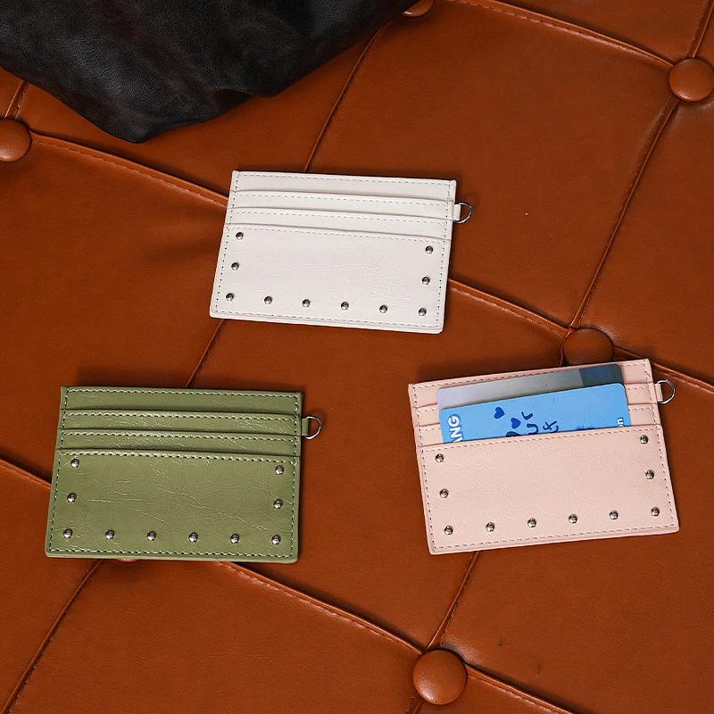 Compact Ultra Thin Cracked Leather Card Wallet Mini Size Multiple Slots With Rivet Design Solid Color Pu Coin Purse