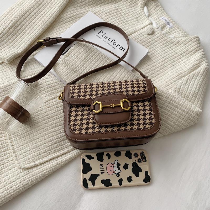 Autumn and Winter Thousand Bird Lattice Armpit Shoulder Bag Retro Small Square Bag Fashion Messenger Magnetic Buckle Leopard Print Women's Bag