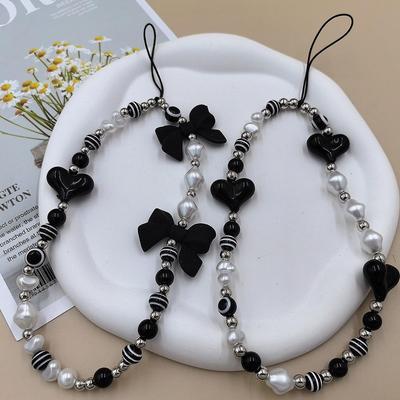 Black Devil Eye Butterfly Love Beaded Mobile Phone Chain Lanyard with Bow Case.