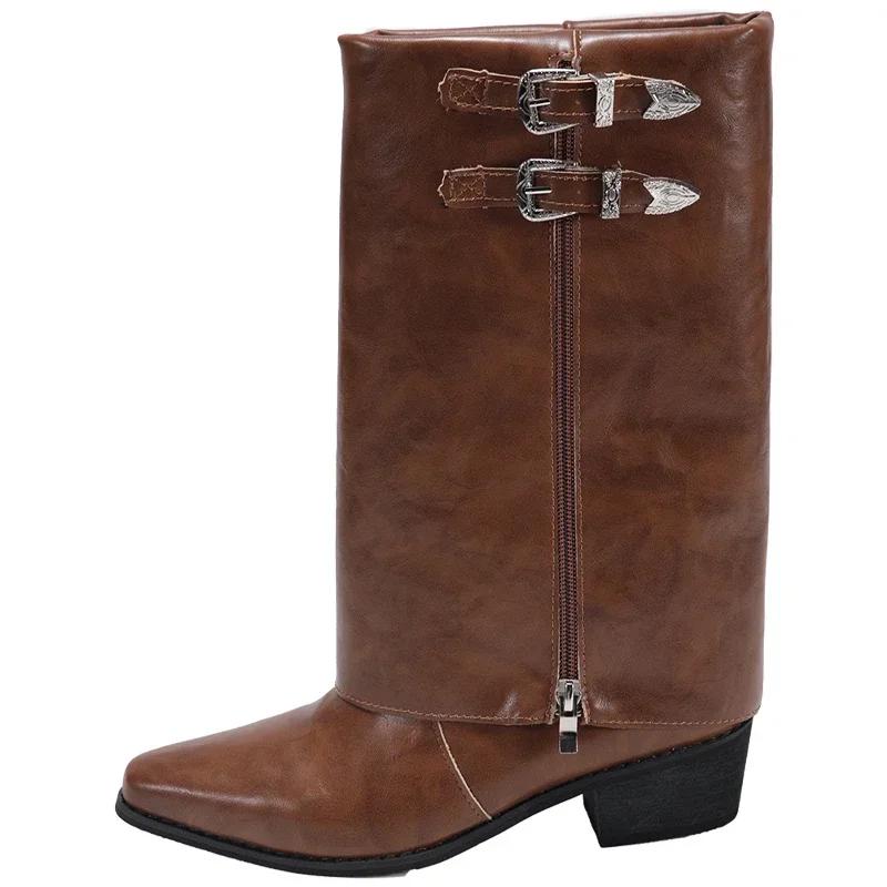 

Модная обувь для женщин 2024 Высокое качество Рукав Женские ботинки Осень Острый носок Однотонные Высокие голенища Массивные каблуки Большой размер Модные ботинки 43