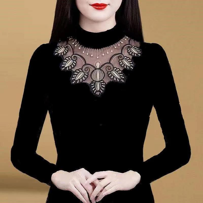 Plus aksamitna damska koszula dolna z czarnej koronki T-shirt z długimi rękawami Plus rozmiar Wewnętrzna góra