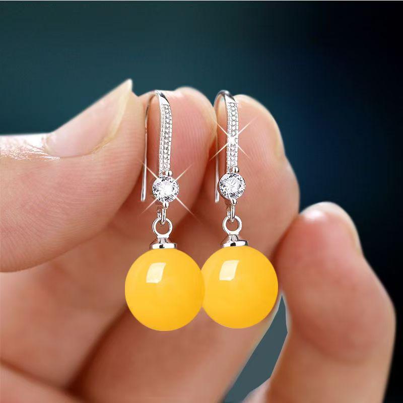 S925 Second Gen Amber Ear Hooks: Women's Elegant Flashy Long Earrings for Middle-Aged & Elderly.