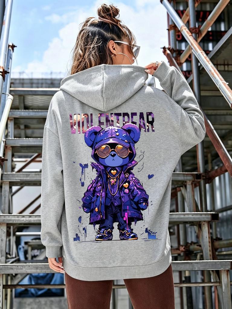 American Street Style Purple Sunglasses Small Bear Print Hooded Sweatshirt Oversized Loose Long-sleeved Casual T-shirt