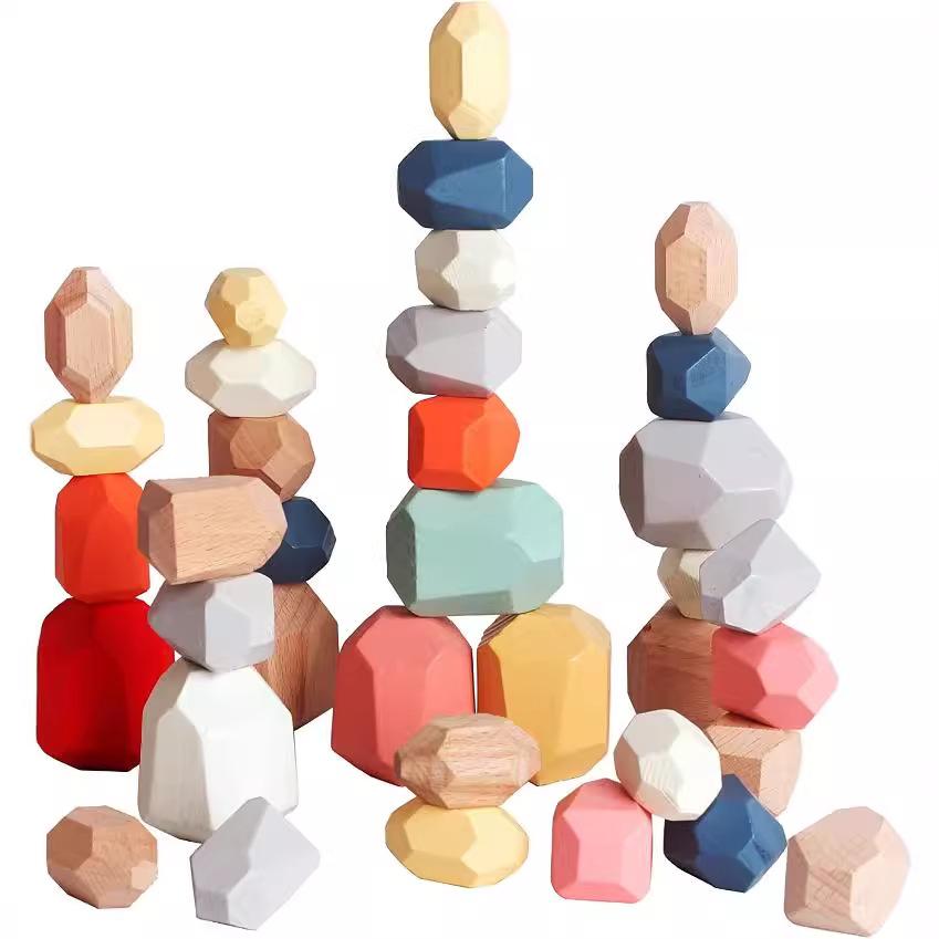 Montessori Toys Children'S Wooden Stacking Toys Stacked Stones Colored Stones Balance Cognitive Stacking Music