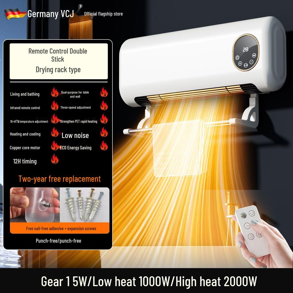 Încălzitor de baie cu telecomandă montat pe perete: Suflantă inteligentă cu temperatură constantă rece/caldă cu utilizare dublă, instalare fără găurire.