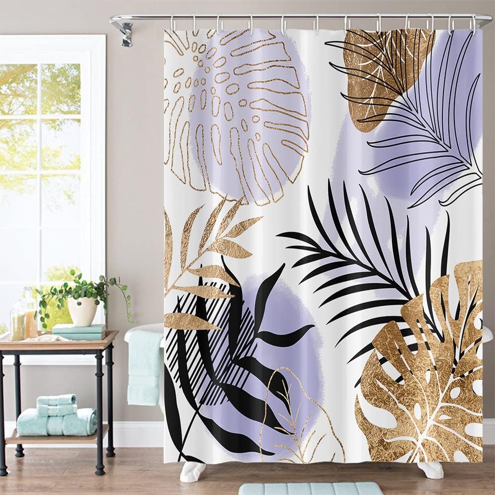 Boho Floral Bathroom Shower Curtain - Tropical Green Leaves, Pink Flowers - Waterproof Polyester Fabric - Mid Century Modern